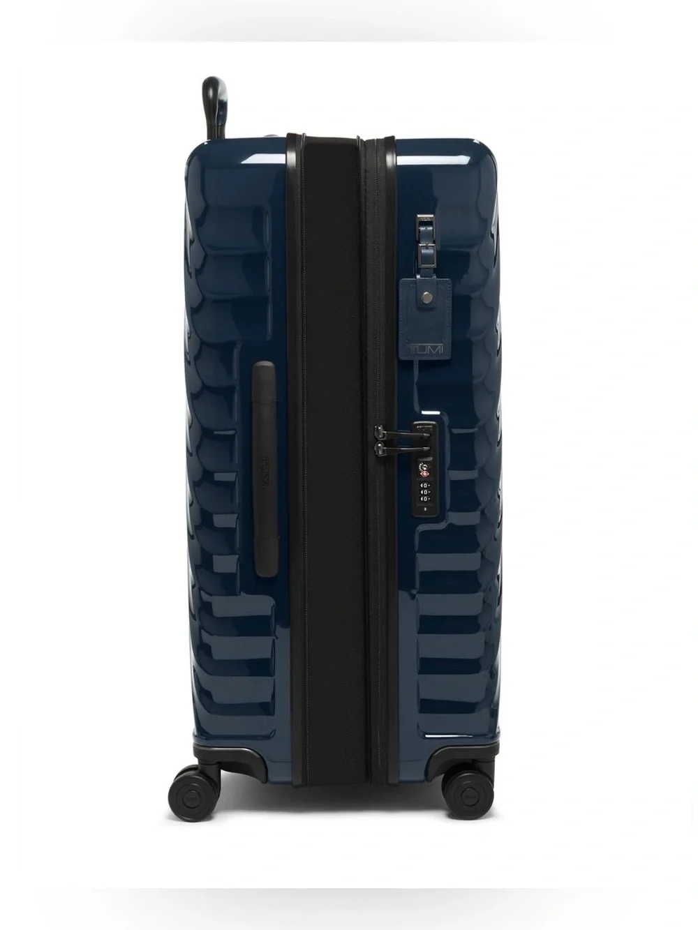 Tumi Large Expandable Checked Glossy Navy Hard-Shell Spinner Luggage suitcase